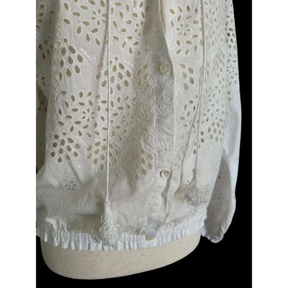Theory Maryana Vintage Eyelet Blouse Jacket Small‎ White Boho Tassels Airy L/S